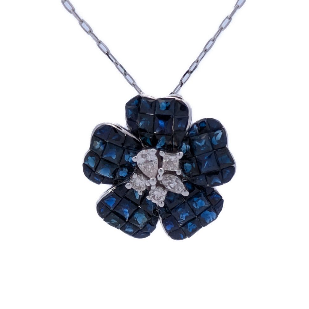 1.30ct 0.12ct フラワーモチーフ サファイアネックレス ペンダント K18WG/750-2.9g ホワイトゴールド【♀】【A】【レディース】★■613422【中古】