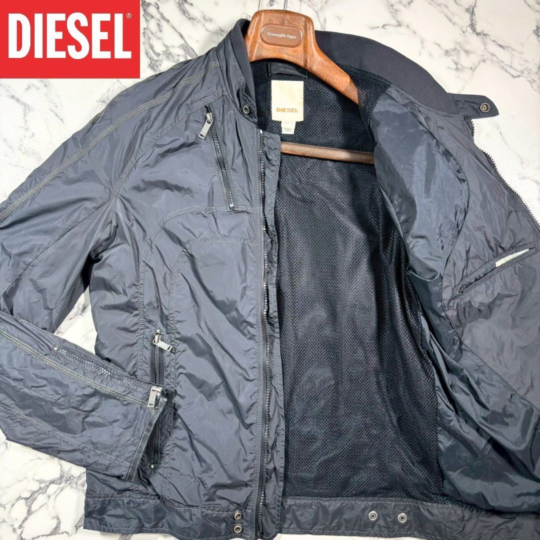 美品/薄手ナイロン素材(L)●DIESEL ディーゼル シングル ライダース ジャケット ブルゾン ブラックグレー 黒 春秋 メンズ バイク メッシュ