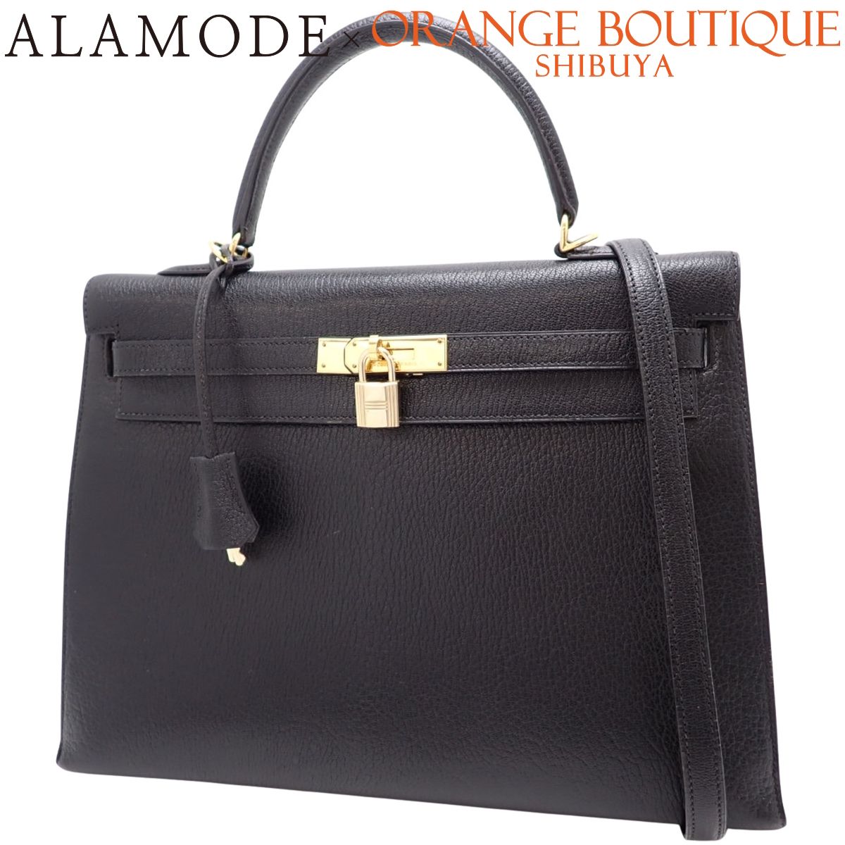 HERMES(エルメス) ケリー35 (外縫い) ブラック黒 シェブルミゾル ゴールド金具 □E刻印 ハンドバッグ 2WAY 肩掛け ショルダー レディース 40802194638【アラモード】