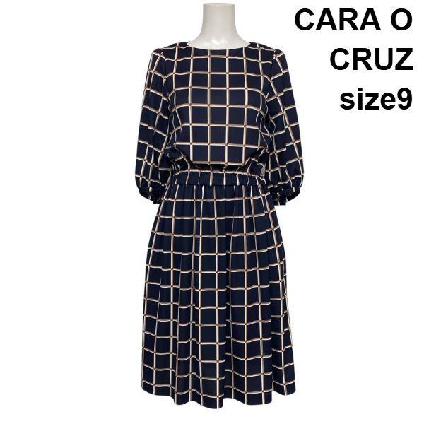 ◇ キャラオクルス CARA O CRUZ チェック柄ワンピース ミディ丈 七分袖 フレア ラウンドネック ネイビー 9 M 9号 レディース S6E078
