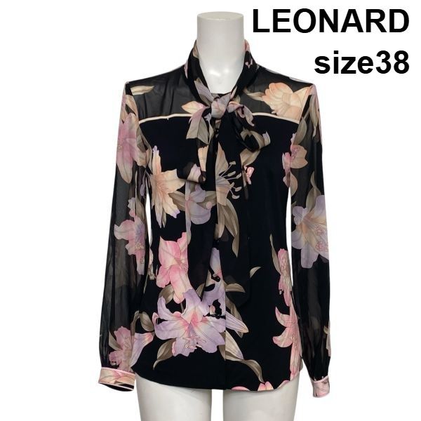 美品✨LEONARD レオナール　ボウタイブラウス　カンカン素材　42 花柄 ◇ レオナール LEONARD ボウタイブラウス シャツ 長袖 フラワー