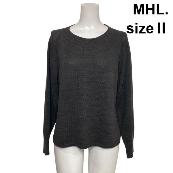 ◇ エムエイチエル MHL. 長袖ニット ラウンドネック ラグランスリーブ オーバーサイズ チャコールグレー 麻 綿 2 M 9号 レディース S6E075
