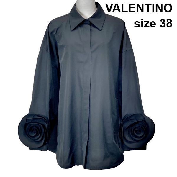 ◇ ヴァレンティノ VALENTINO 立体ローズ シャツジャケット 長袖 ポケット裏地100%シルク 光沢感 黒 綿 シルク 38 M 9号 レディース S6E068