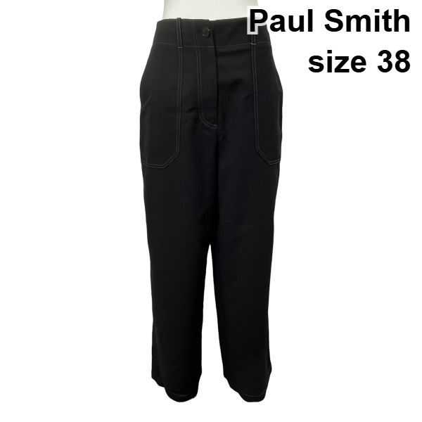 ◇ ポールスミス Paul Smith ワイドパンツ ボトムス ポケット 水色ステッチ 黒 水色 コットン混 38 M 9号 レディース S6E054
