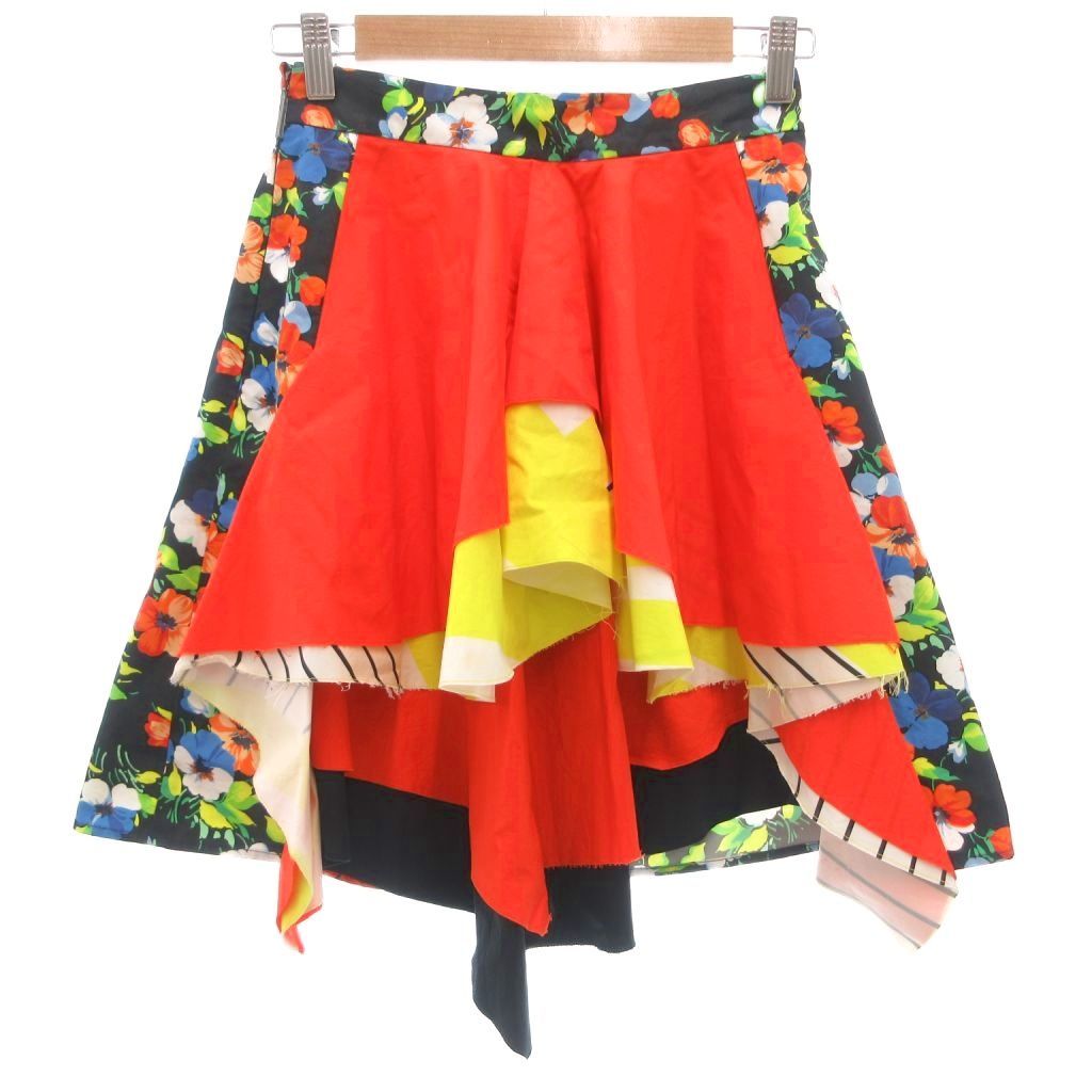 エムエスジーエム MSGM 美品 フレアスカート ティアード 40 アシンメトリー カットオフ 花柄 プリント ひざ丈 マルチカラー /KB ■GY62
