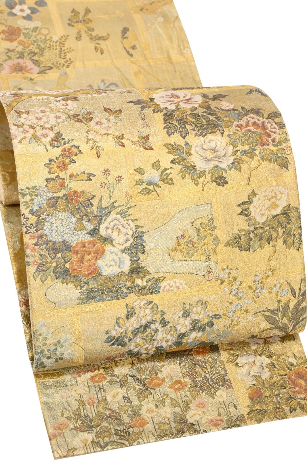 ●【西陣あさぎ】 正絹西陣織袋帯 ≪御仕立て上がり・中古品≫ 「琳派大全・金」 細緻の極み… 織で味わう琳派の世界
