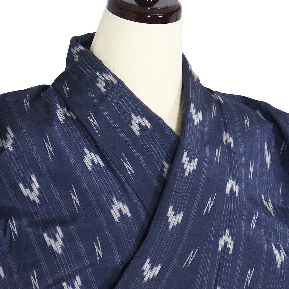 単衣 紬 粋ごろも 正絹 紺 グレー 絣 縦縞 7号 Sサイズ ki32065 美品