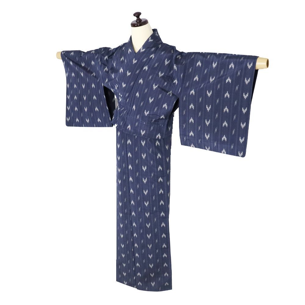 【単衣】しつけ付き 縦縞格子 紬 正絹着物 単衣 紬 粋ごろも 正絹 紺 グレー 絣 縦縞 7号 Sサイズ ki32065 美品