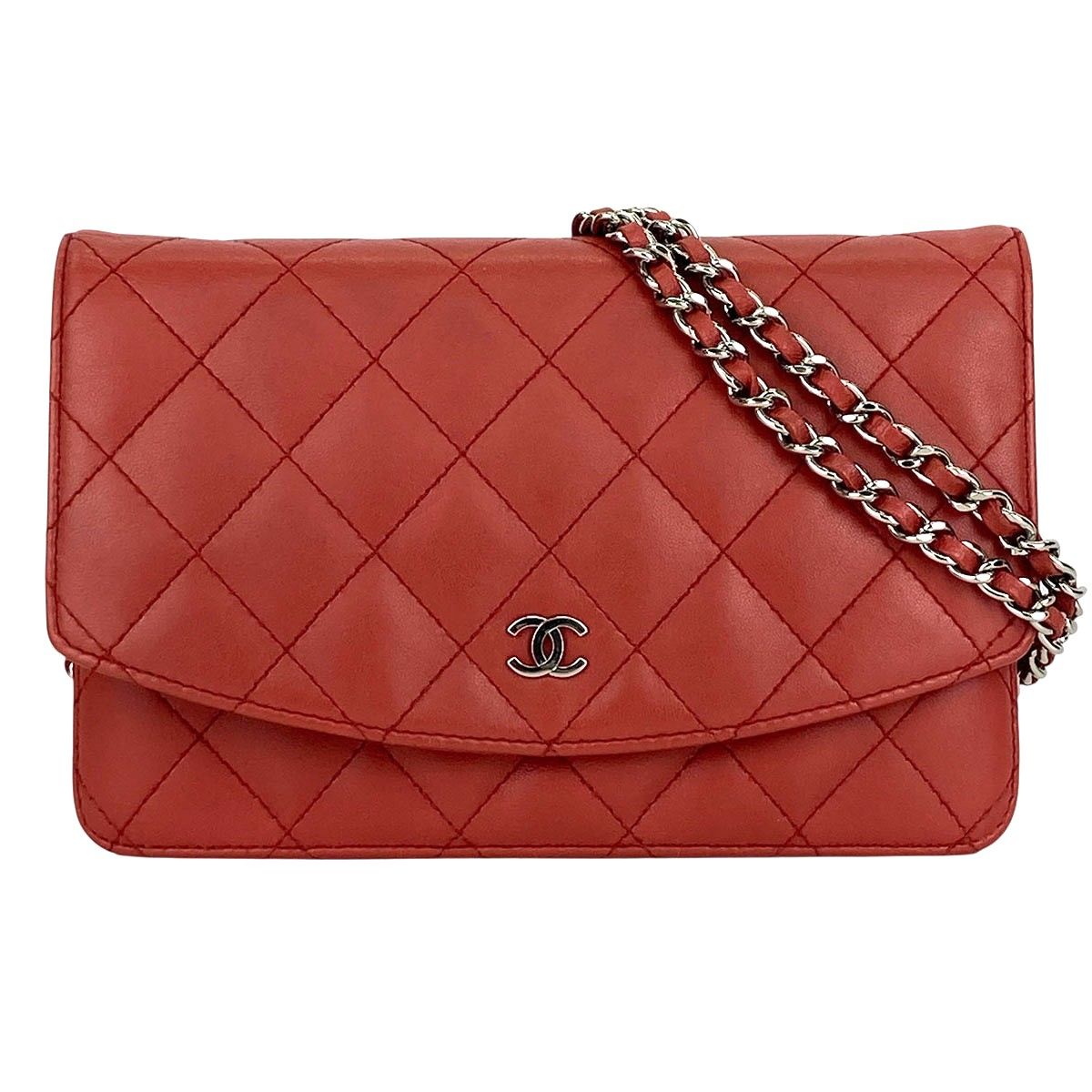 CHANEL シャネル マトラッセ チェーンウォレット ココマーク ショルダーバッグ レディース ラムスキン オレンジ シルバー金具 中古