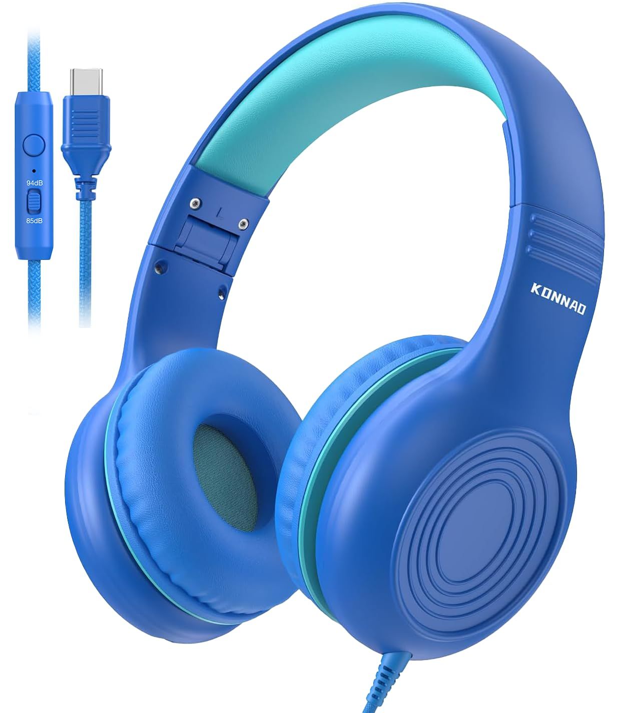 KONNAO アップグレード USB Type C キッズヘッドフォン マイク付き子供用有線ヘッドフォン 男の子 女の子 85dB/94dB 音量制限調節可能 (ネイビー/ブルー) [ブルー]