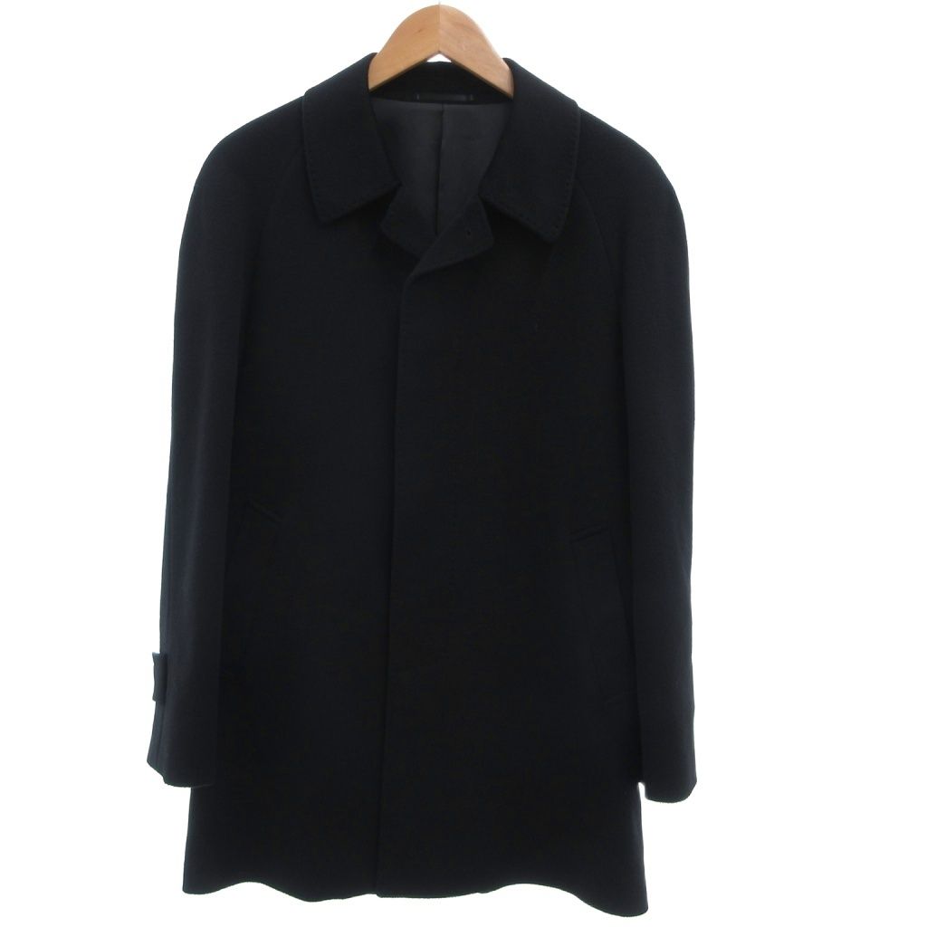 カシミヤ CASHMERE 100％ 美品 ステンカラーコート 比翼 カシミヤ 90 A4 ラグランスリーブ ミドル丈 総裏地 黒 ブラック /KB ■GY62