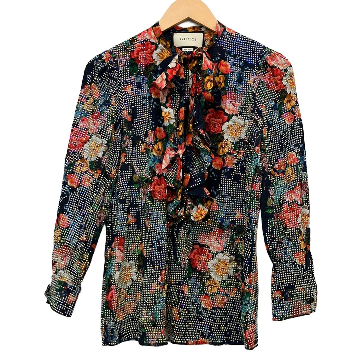 GUCCI(グッチ) 長袖シャツブラウス サイズ38 S レディース美品 - 504874 ネイビー×マルチ シルク/花柄/ラインストーン/プルオーバー