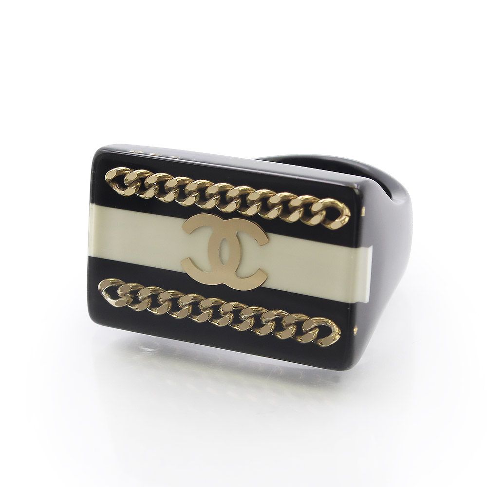 シャネル ココマーク チェーン ボーダー スクエア レジン ブラック ホワイト ゴールド リング 指輪 #12号 箱付 CHANEL（美品）