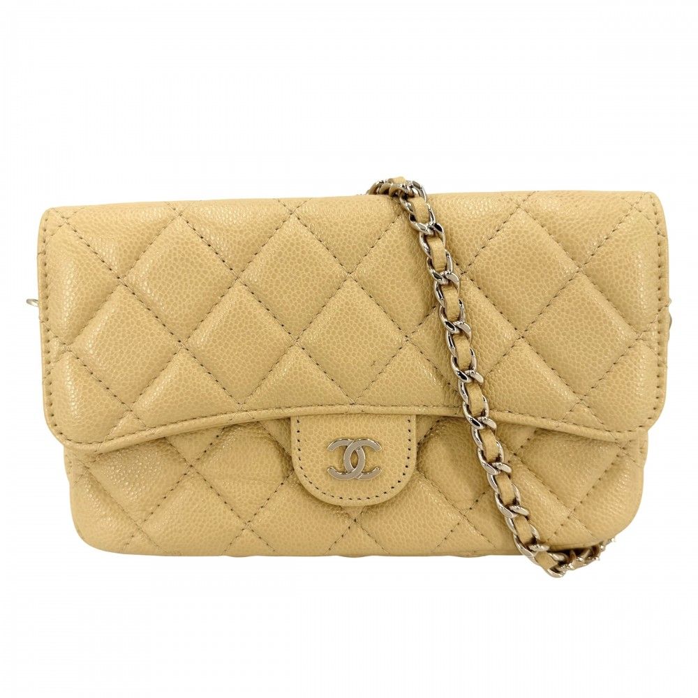 シャネル ショルダーバッグ レディース ミニマトラッセ ココマーク ショルダーポーチ 肩掛け 斜め掛け CHANEL キャビアスキン イエロー ゴールド金具【中古品】