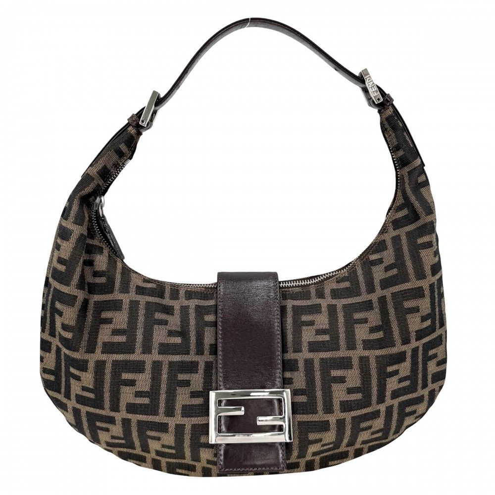 フェンディ ハンドバッグ レディース ムーンバッグ 肩掛け セミショルダーバッグ ズッカ柄 かばん 鞄 FENDI 0916321001 キャンバス レザー ブラウン 茶 シルバー金具【中古品】