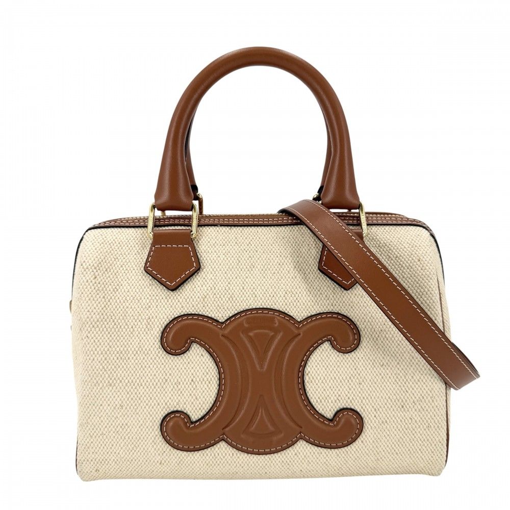 セリーヌ 2WAY レディース トリオンフ キュイルスモール ミニボストン ショルダーバッグ 肩掛け 斜め掛け CELINE 197582EFL.02NT キャンバス レザー ベージュ ブラウン 茶 ゴールド金具【中古品】
