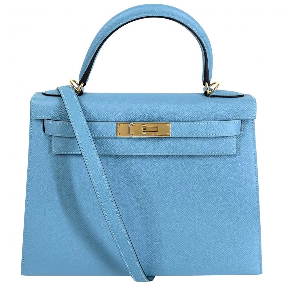 エルメス 2WAY レディース ケリー28 外縫い ハンドバッグ ショルダーバッグ 斜め掛け HERMES D刻印 ヴォーエプソン ライトブルー ゴールド金具 美品 2019年【中古品】