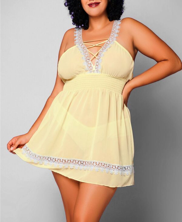 ホーティ レディース アンダーウェア ナイトウェア シフォン プラスサイズ レース Hauty iCollection Womens Daisy Plusize Chiffon and Lace Chemise and Panty Set yellow イエロ