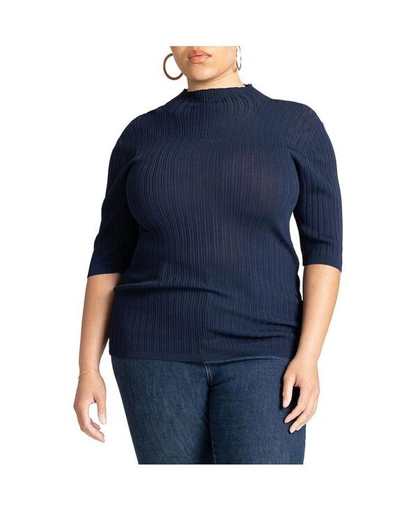 エロクイ レディース アウター ニット・セーター スタンドネック プラスサイズ セーター ELOQUII Plus Size Sleek Funnel Neck Elbow Sleeve Sweater Naval blue ブルー