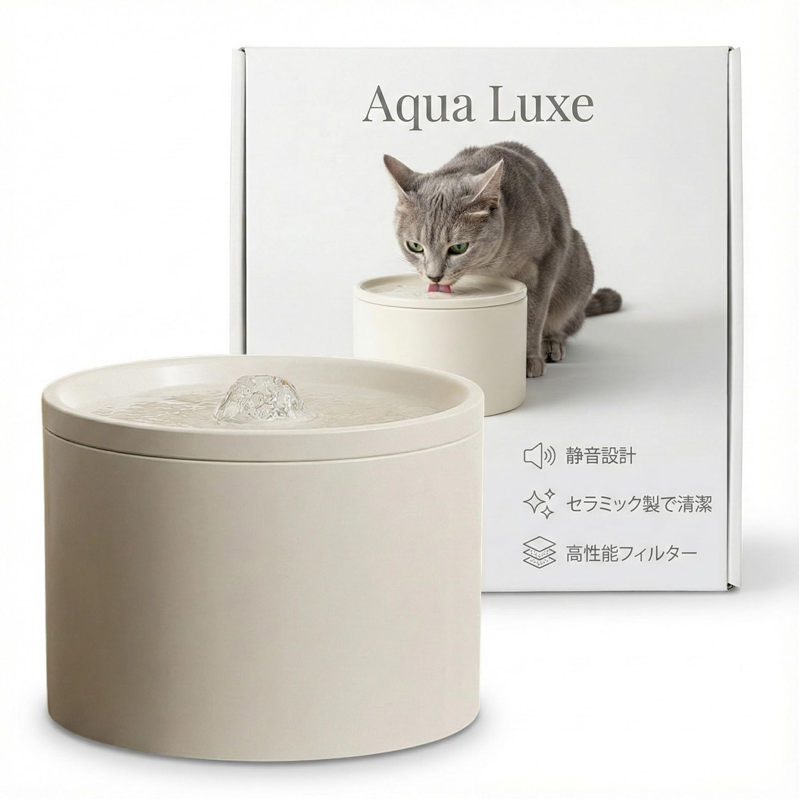 アクアリュクス(Aqua Luxe) ペット用 自動給水器 陶器 セラミック製 循環式 静音ポンプ 水飲み器 犬 猫 お手入れ簡単 高性能フィルター付き (ホワイト, 1.0L) shu 2005c6fe
