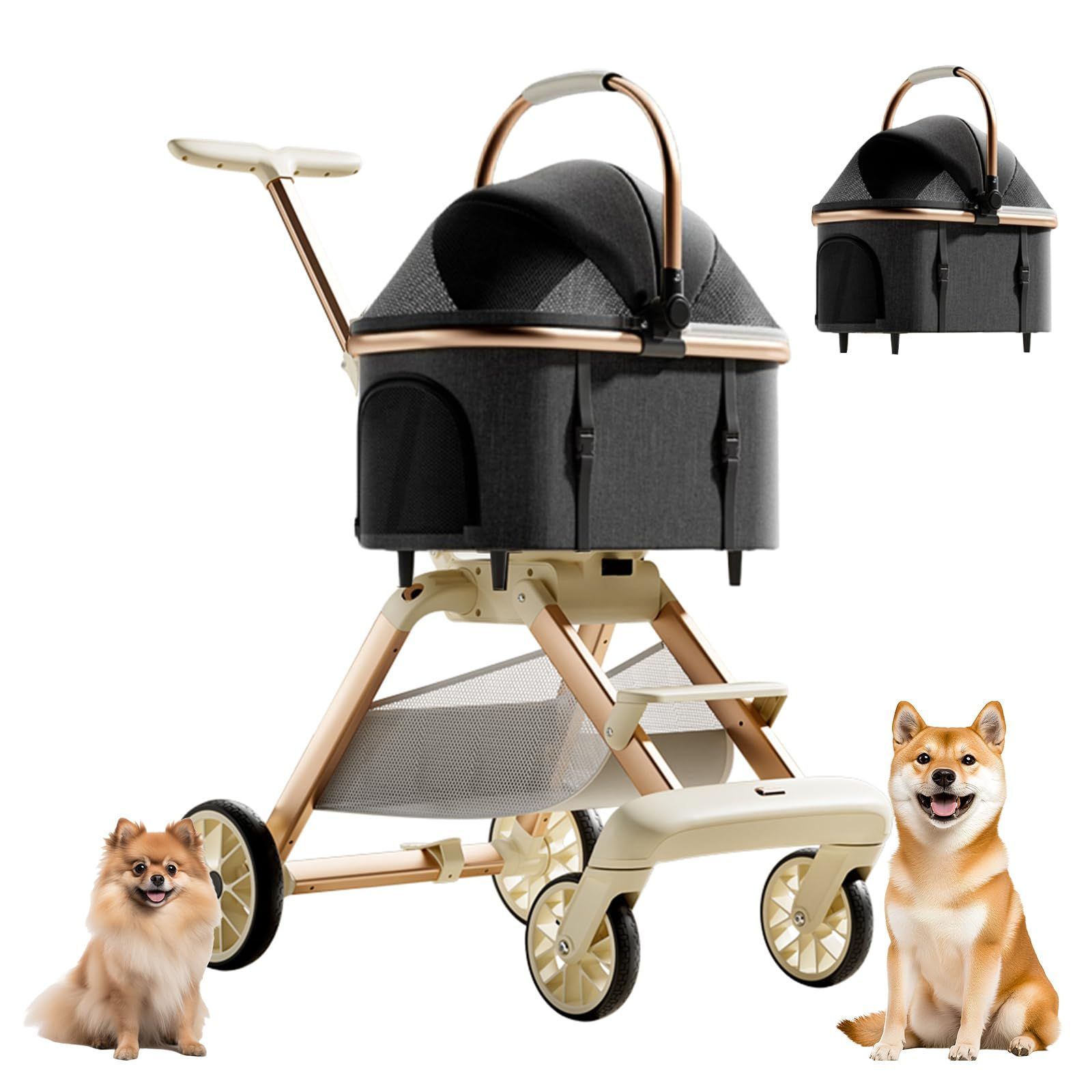 ペットカート 分離型 取り外し可能 4輪 犬 カート 多頭 小型犬 中型犬 耐荷重30KG 折りたたみ可能 軽量 ベビーカー ドッグ バギー 前輪360°後輪ブレーキ付 コンパクト收纳 飛び出し防止 (ブラック)