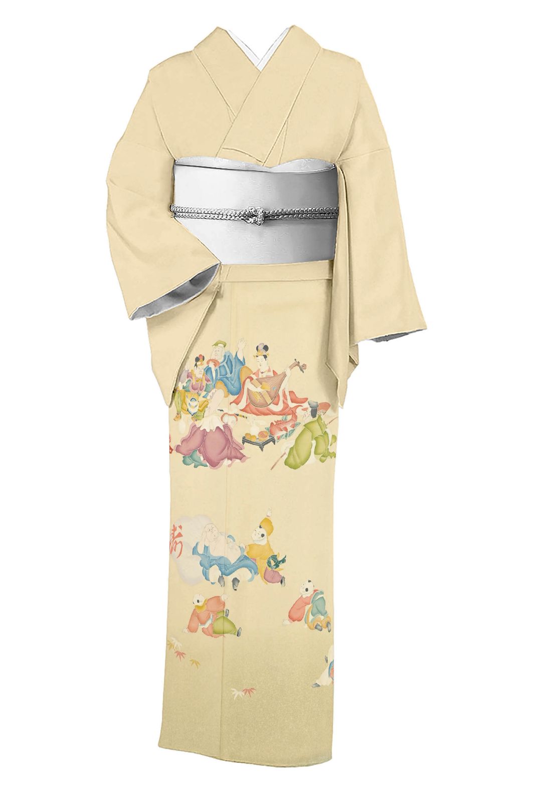 ●本手描き友禅色留袖 ≪訪問着仕立て・中古品≫ 「七福神」 福を呼び込む 慶事にふさわしい吉祥柄！ 身丈160 裄64