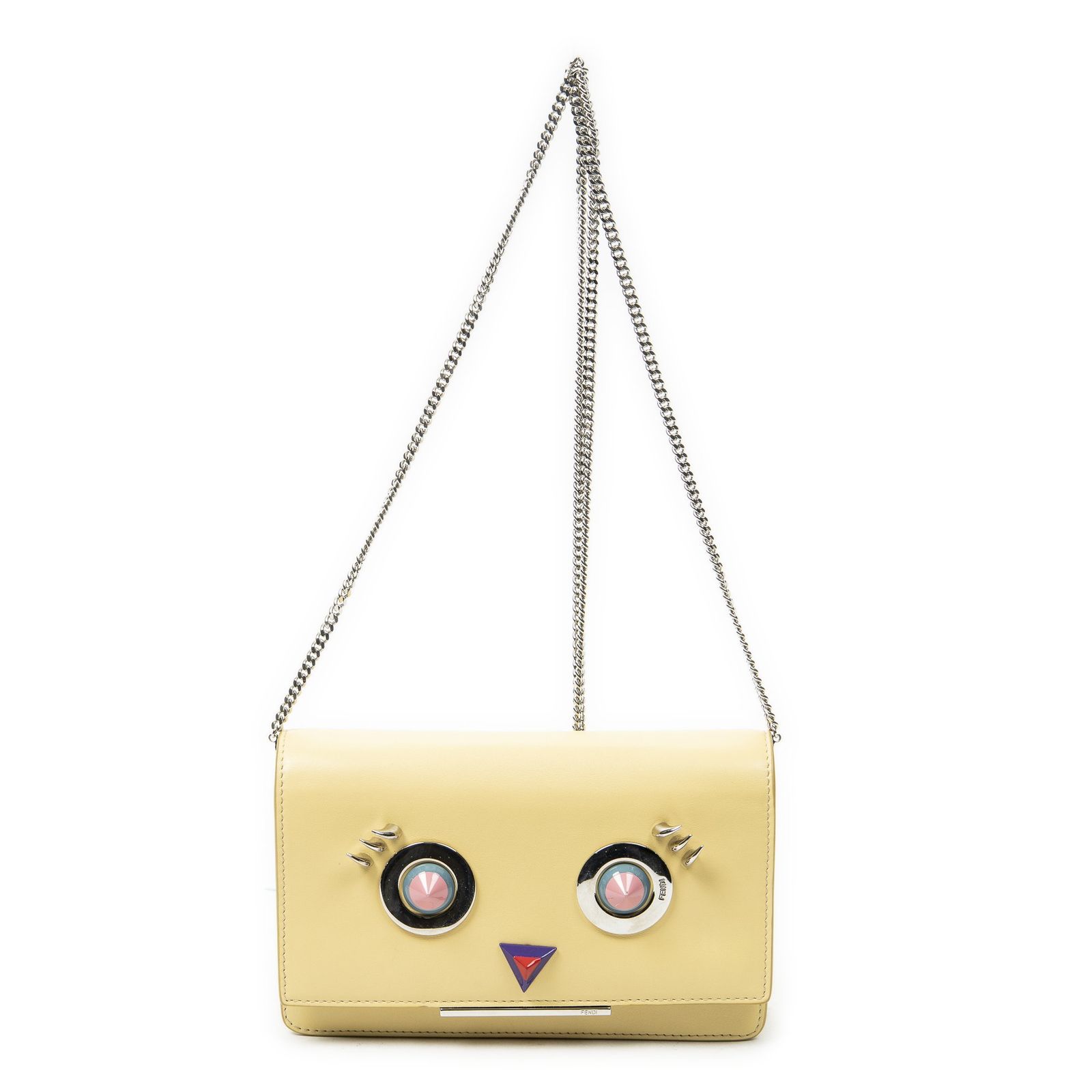 [中古] FENDI フェンディモンスターアイズ スタッズ付きチェーンウォレット黄色カーフスキンレザーA
