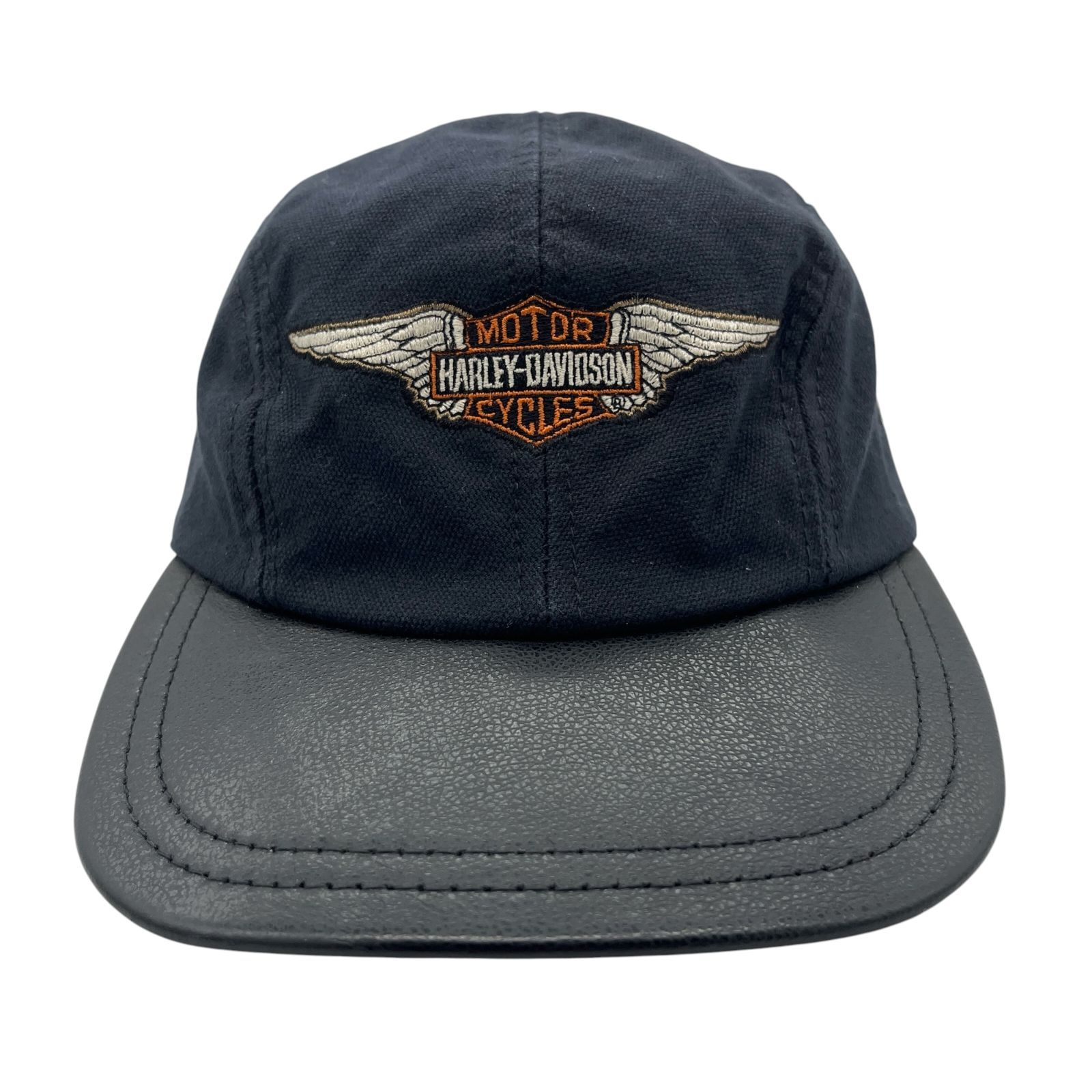 【キャップ/帽子】90s Harley-Davidson（ハーレーダビッドソン）レザー コットン ツートン ビンテージ キャップ 刺繍 ブラック 黒 オレンジ 橙