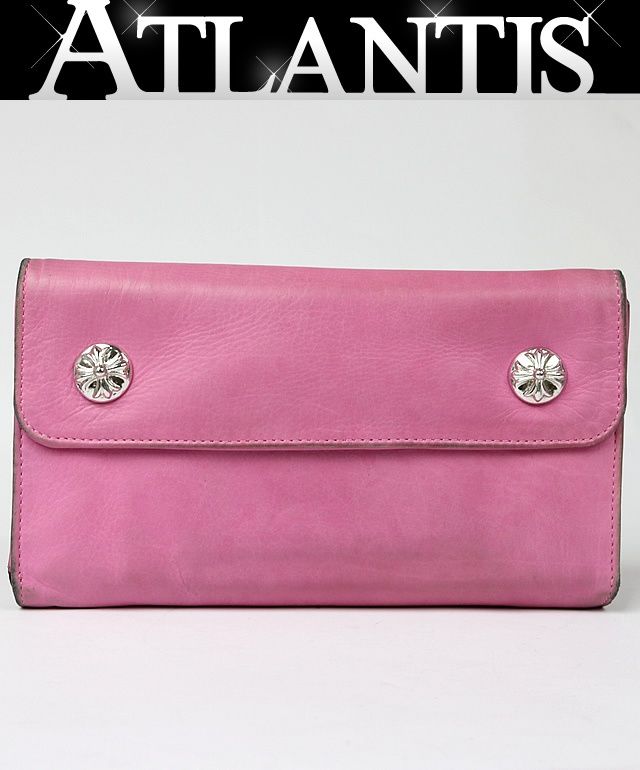 CHROME HEARTS 銀座店 クロムハーツ ウェーブ ウォレット クロスボタン 三つ折り財布 メンズ レザー SV925 ピンク 103287