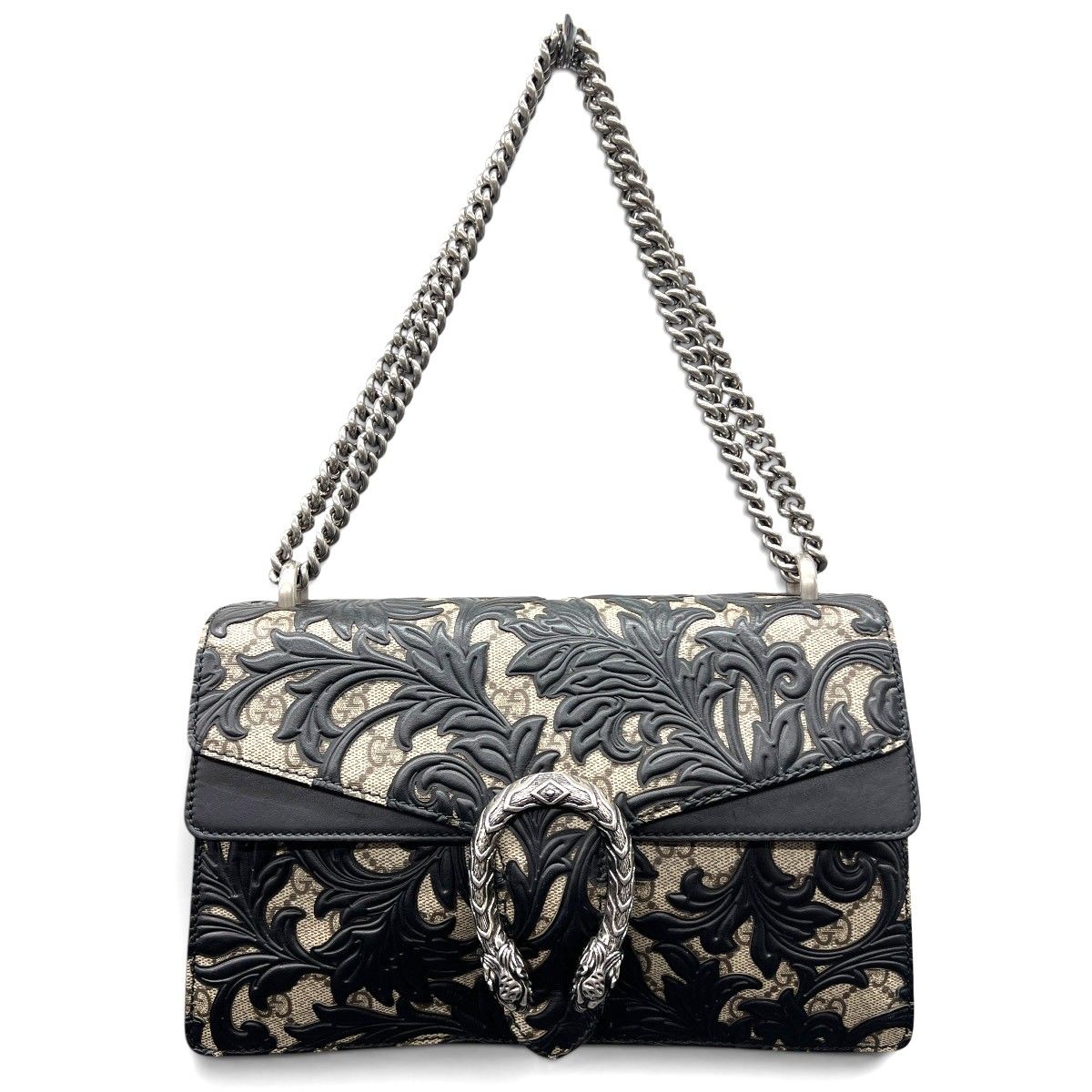 GUCCI 希少 極美品 グッチ ディオニュソス アラベスク GGスプリーム チェーン ショルダーバッグ 400249 PVC レザー ベージュ ブラック ワンショルダー セミショルダー ハンドバッグ GGプラス Aランク 中古 鑑定済 グッチバッグ