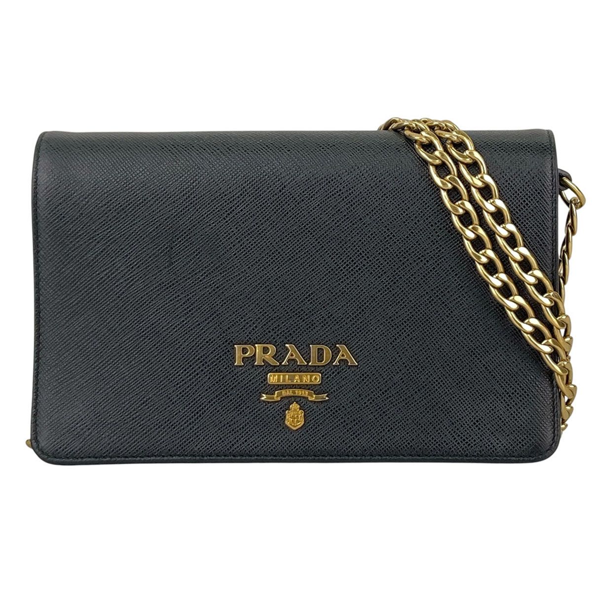 PRADA プラダ サフィアーノ ロゴプレート チェーンウォレット ショルダーバッグ レディース レザー ブラック ゴールド金具 中古