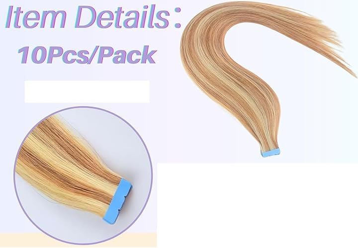 XUANHEFA 人毛 シールエクステ M tape hair レミーエクステ カラー ウィッグ エクステンション 10本 16inch 40cm (P27-613#, 16inch（40cm）)