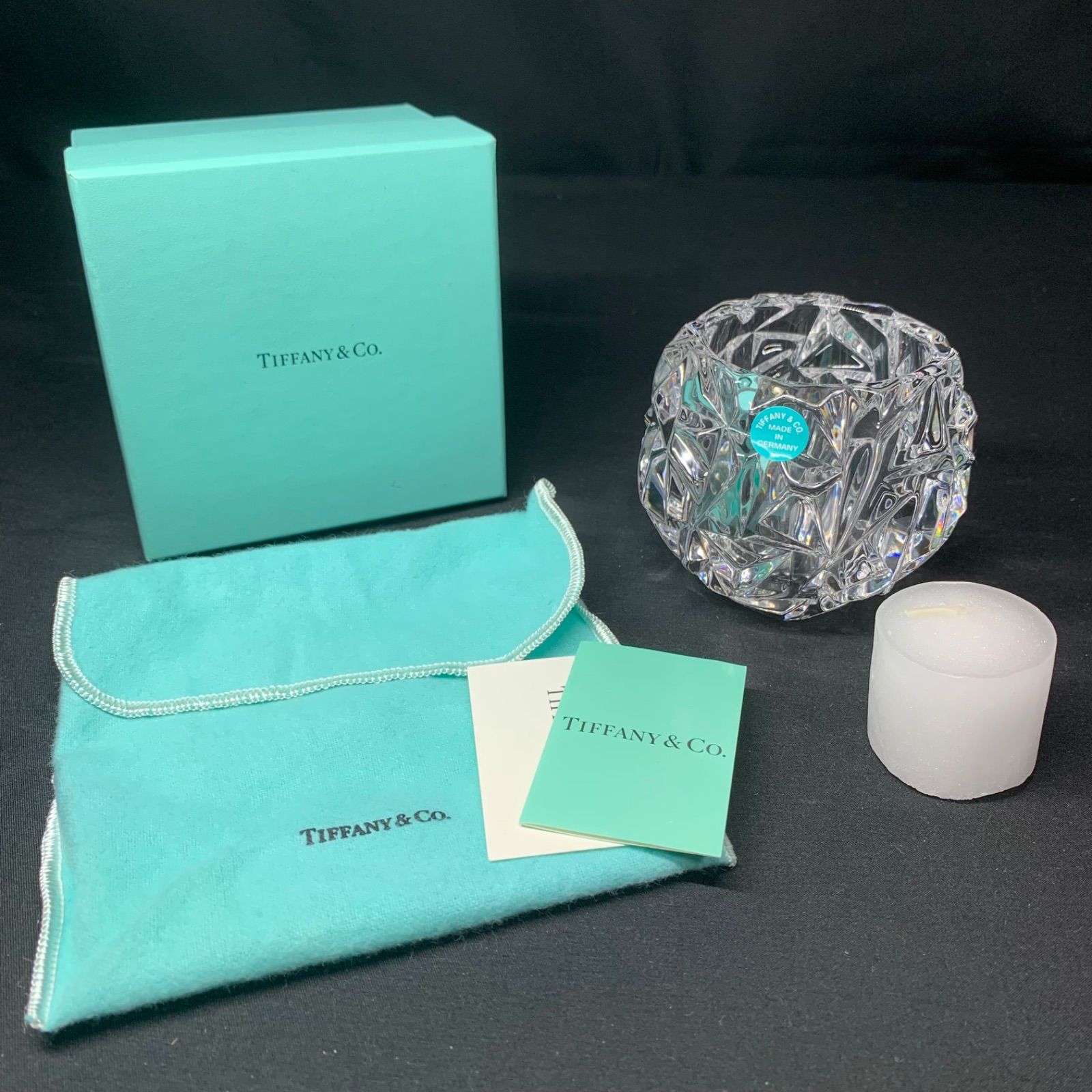 F020 Tiffany ティファニー クリスタル キャンドルホルダー キャンドル付き 花器 未使用 保存袋あり