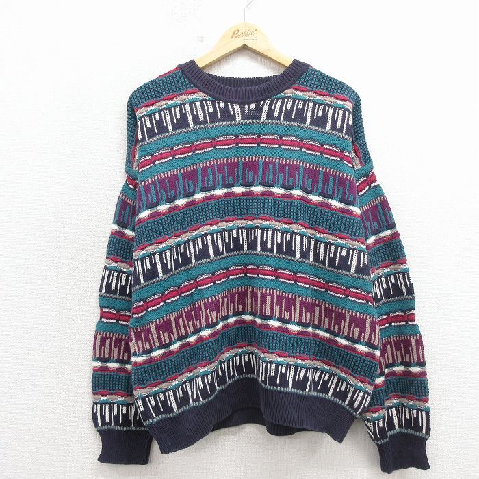XL/古着 ラルフローレン チャップス 長袖 ブランド 3Dニット セーター メンズ 80年代 80s コットン USA製 青緑他【spe】 26apr11