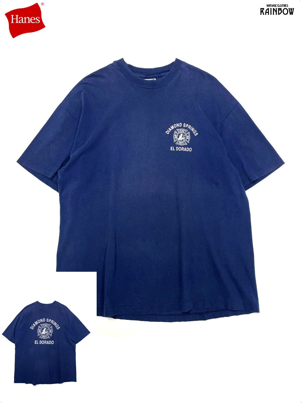 古着 Hanes ヘインズ DIAMOND SPRINGS EL DORADO アメリカ製 ロゴ コットン100％ 半袖 Ｔシャツ 紺 (ttu2604064)