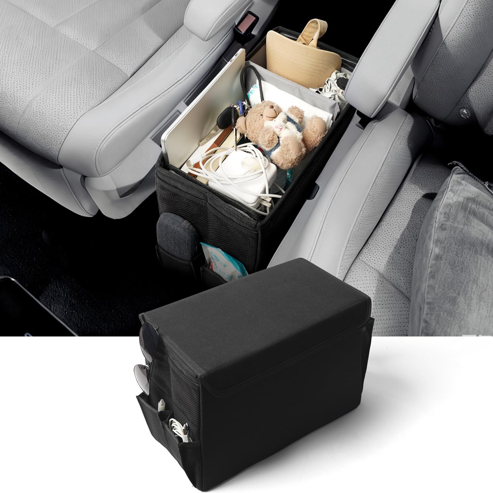 コンソールボックス 車 収納ボックス ティッシュケース ゴミ箱 足置き 4WAY 車内収納 小物入れ 荷物置き 車内整理 車中泊 便利グッズ 車収納ボックス 助手席 シートボックス コンパクト 多機能 折り畳み 蓋付き Mサイズwb 25c88447