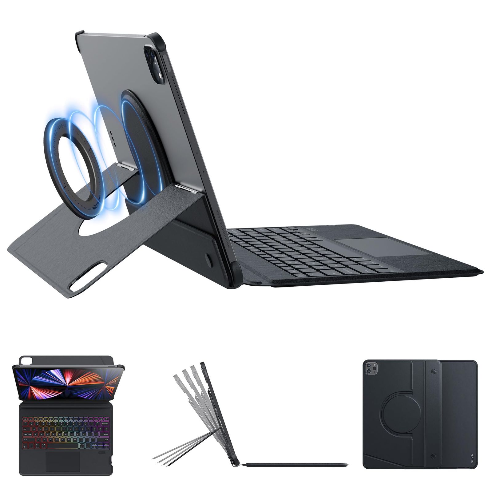 新品 Nillkin 超軽量 キーボード iPad Pro M5/M4 12.9インチ タブレット用【貼り付け式スタンド】 着脱式 超高精度タッチパッド搭載 usb-c充電 多角度調整 バックライト 多用途磁吸補助リング付き 壁、ガラス、冷蔵庫吸着可能（ブラッ