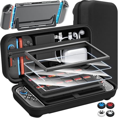 【新登場-14in1】Switch 2 専用 ケース 収納スイッチ2 ケース＋ガラスフイルム ガイド枠付き 2枚＋スティックキャップ4枚＋分体式設計 PCカバー+ 24ゲームカードスロット 大容量 収納バッグ 全面保護 耐衝撃 キズ防止 防水 771de766
