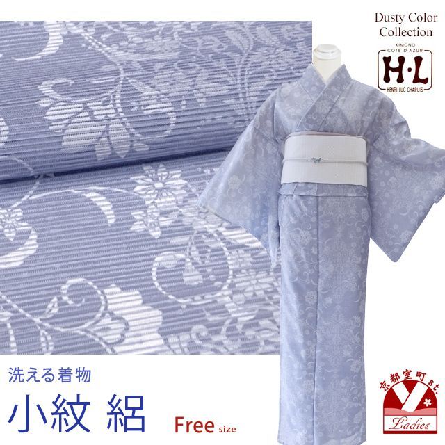 洗える着物 絽 小紋 HL(アッシュ・エル) 夏用の着物 フリーサイズ ※きもの単品「水色系、アラベスク風」hldsl-148