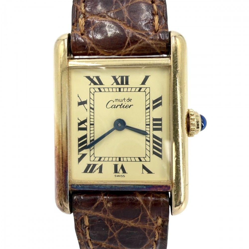カルティエ 腕時計 レディース マストタンク SM ヴェルメイユ ウォッチ ベージュローマン CARTIER 1613 クオーツ レザー ブラウン 茶 ゴールド【中古品】
