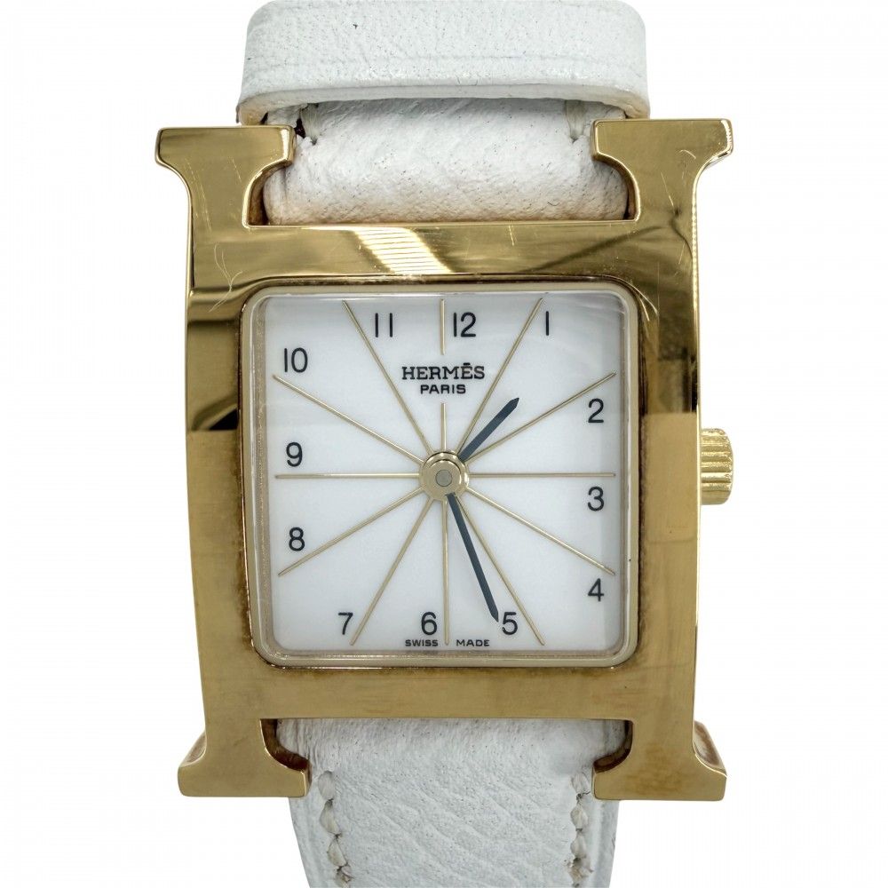 エルメス 腕時計 レディース Hウォッチ 電池式 ホワイト文字盤 H WATCH HERMES HH1.201 クオーツ レザー ゴールド ホワイト 白 2007年【中古品】