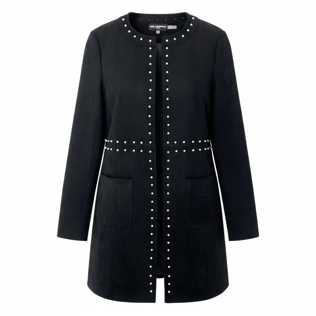71e8 KARL LAGERFELD PARIS カール ラガーフェルド パリ ノーカラースウェードコート パール装飾 サイズ6 ブラック レディース 女性用u02t