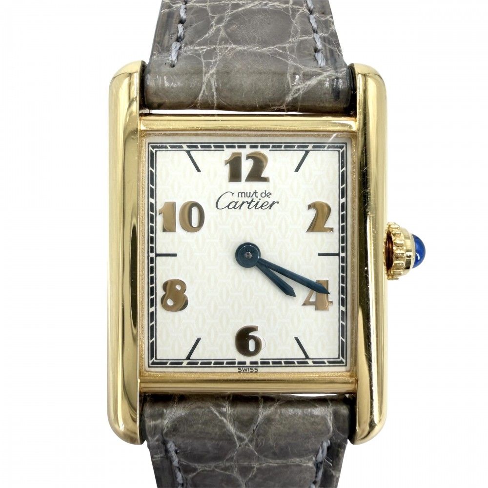 カルティエ 腕時計 レディース マストタンク SM ヴェルメイユ ウォッチ アラビア文字盤 CARTIER 182709 クオーツ レザー ステンレススチール シルバー925 グレー系 ゴールド【中古品】
