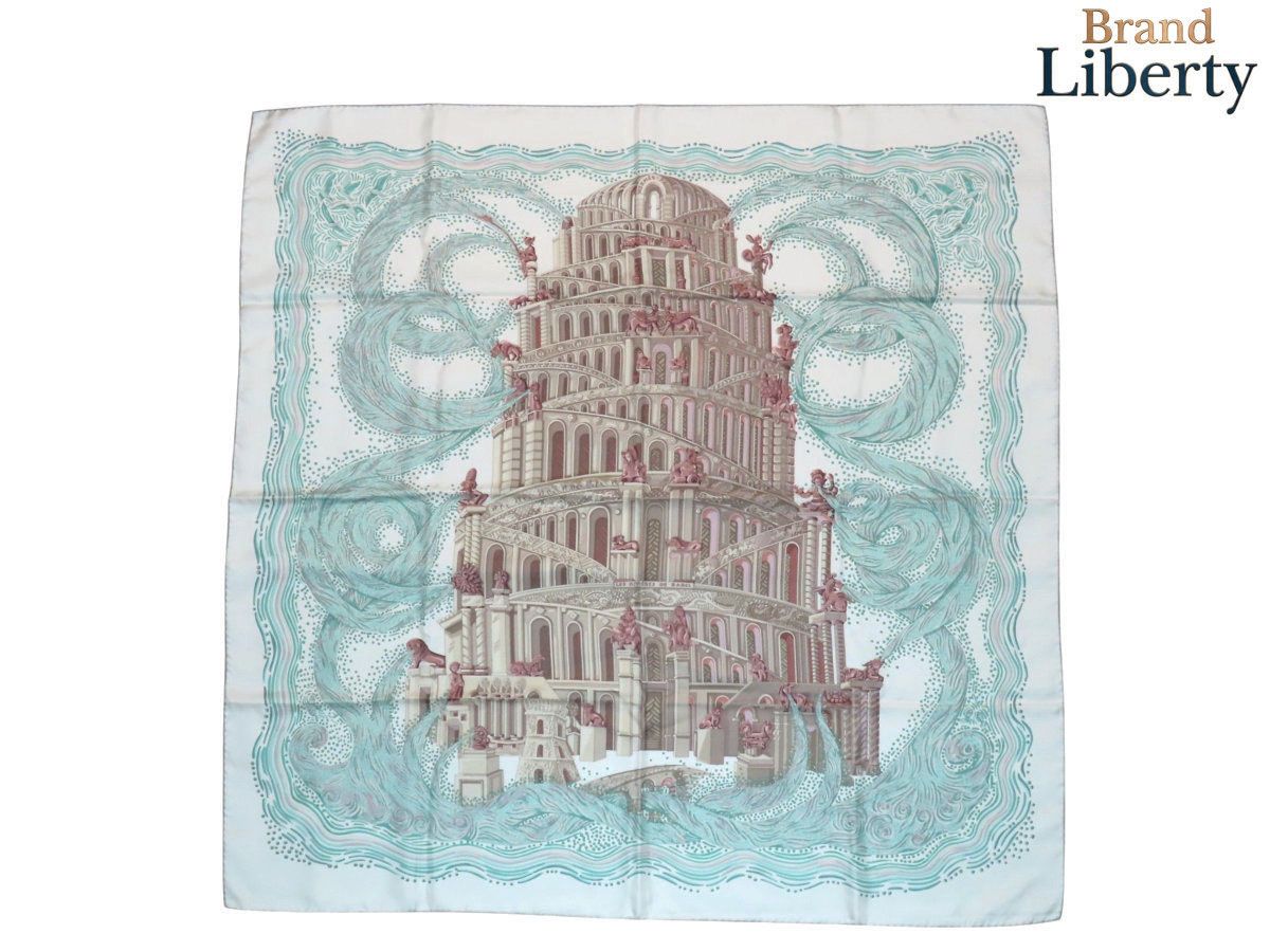 【レア未使用】エルメス HERMES カレ90 LES RIVIERES DE BABEL バベルの川 大判スカーフ ストール ショール グリーン ブラウン ホワイト シルク100％
