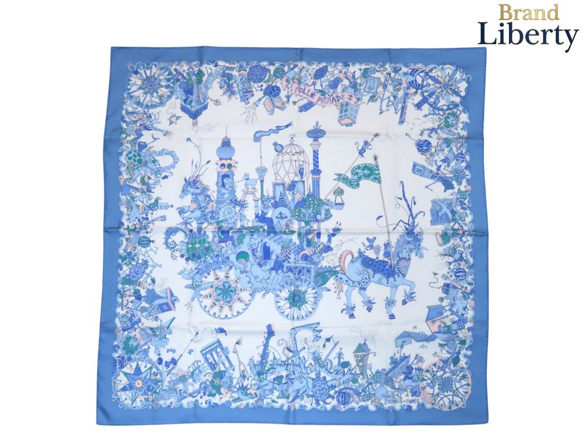 【新品同様】エルメス HERMES カレ90 La Folle Parade ラ フォル パレード 大判スカーフ ストール ショール ブルー シルク100％