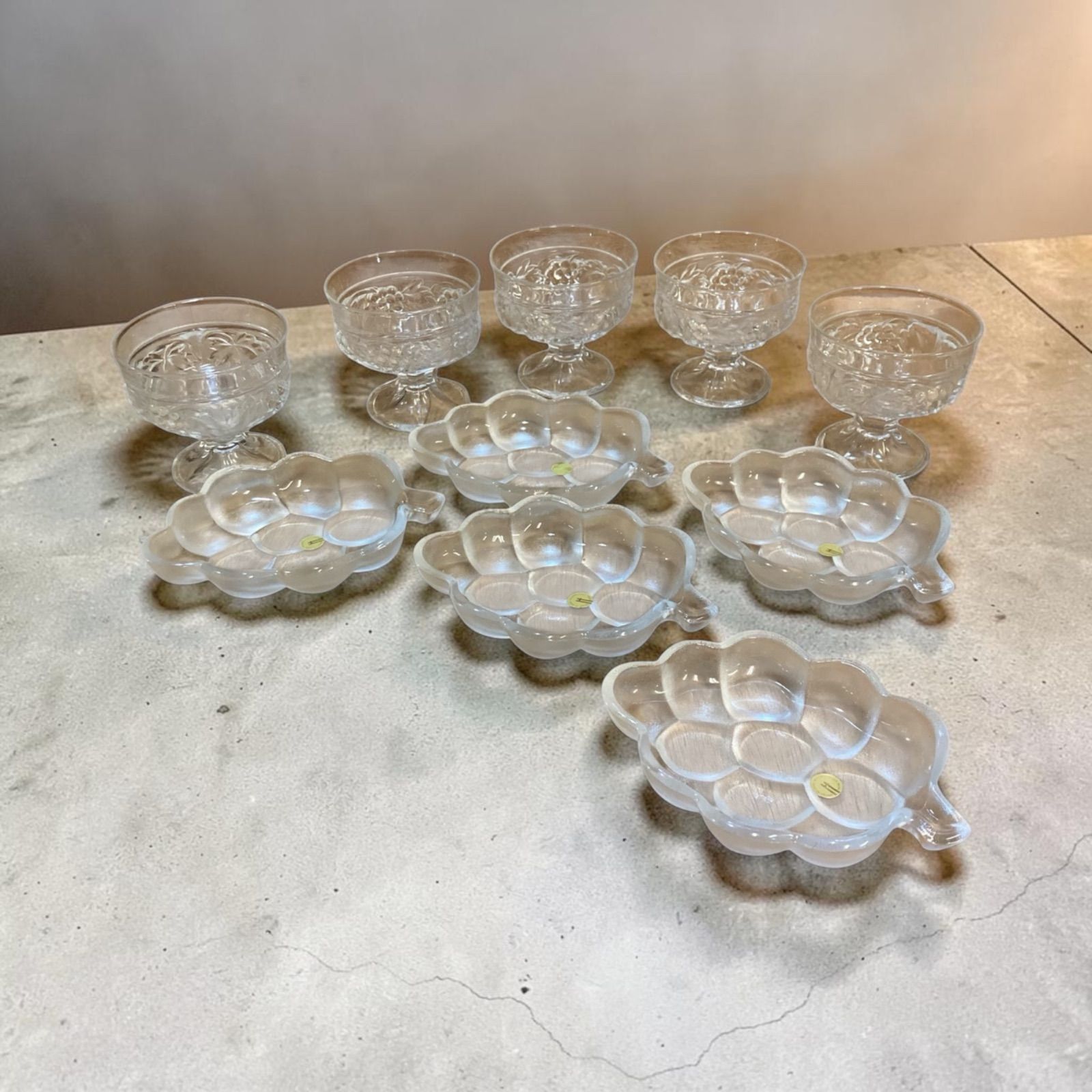 HOYA クリスタル ぶどう皿付 フルーツ杯セット 高級クリスタルガラス　各5枚 長期保管品 クリスタル ホヤ アイスクリームセット 昭和レトロ