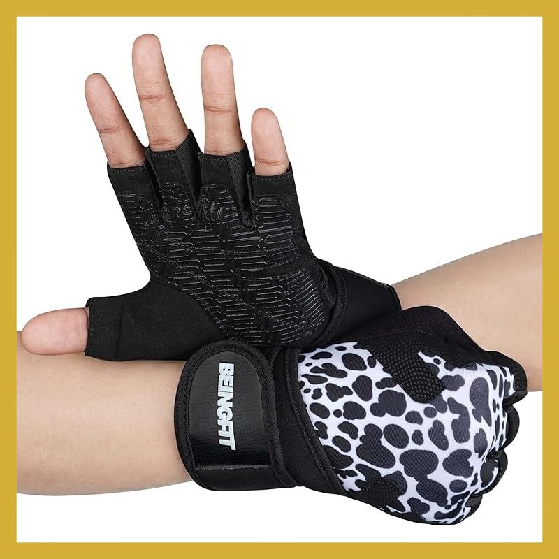 BEINGFIT トレーニンググローブ 筋トレ メンズ レディース ノンスリップ リストラップ付き ジムグローブ ウエイトトレーニング用グローブ 懸垂 ベンチプレス ダンベル マメ防止 XS/S/M/L 3デザイン パワーグローブ ジム手袋 (ホルスタイン 0