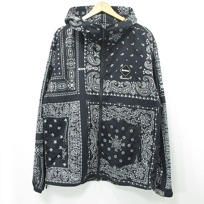 【三重本店】 中古 FCRB | エフシーアールビー BANDANA NYLON HOODED BLOUSON バンダナナイロンフードブルゾン 総柄ナイロンジップパーカー ロゴ刺繍 ナイロンジャケット FCRB-260036 ブラック サイズ:XL 【95】