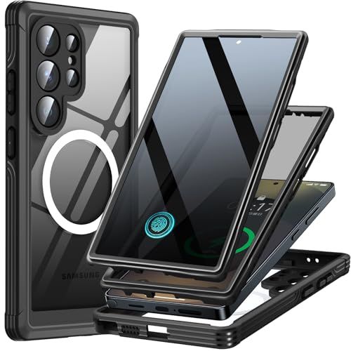 MESTRIEV Galaxy S25 Ultra 用 ケース【覗き見防止・MagSafe対応・米軍MIL規格】全面保護 9H強化ガラス 耐衝撃 保護フィルム付き 耐久性 軽量 すり傷防止 マグネット搭載 ワイヤレス充電対応 背面クリア 両面 96616d4f
