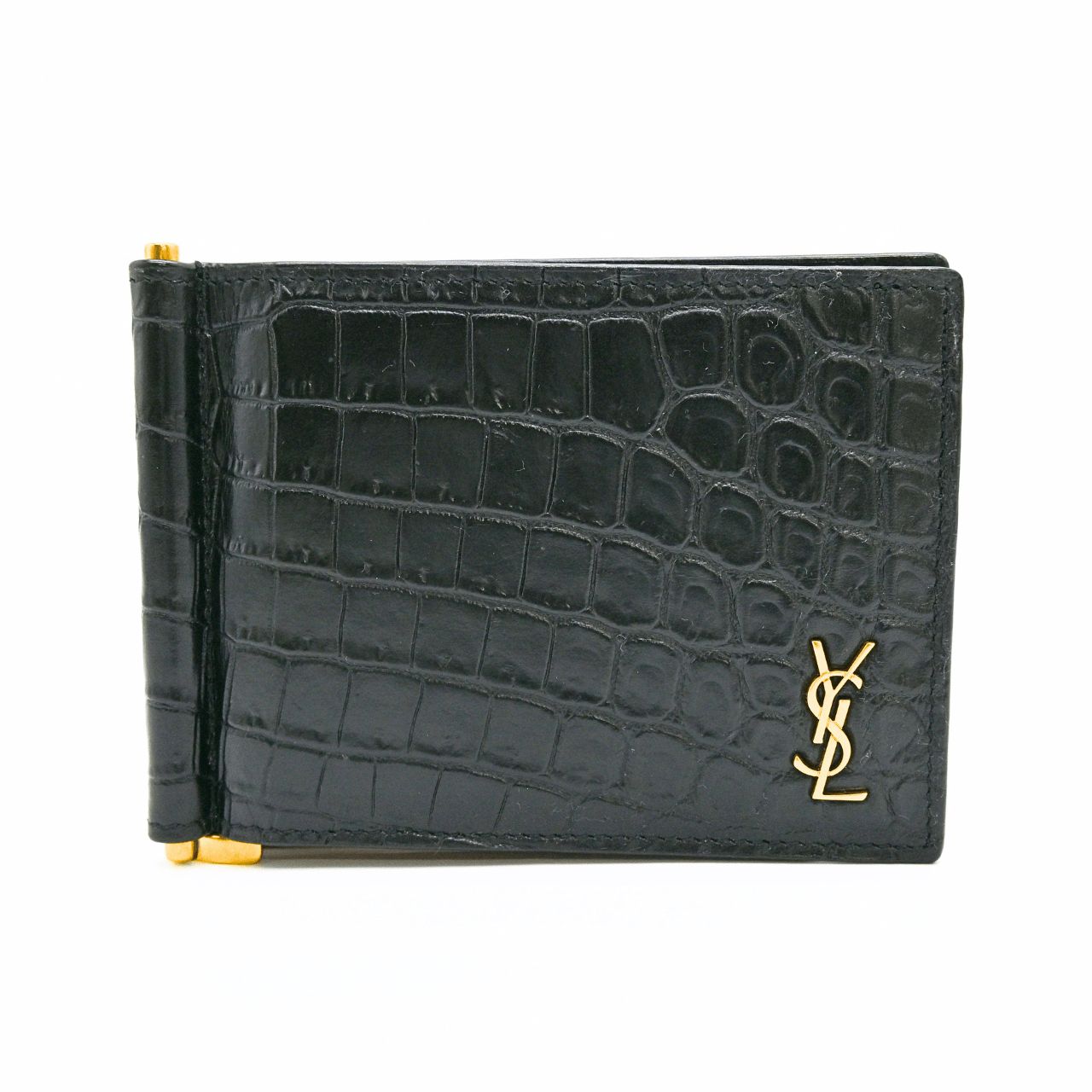 Saint Laurent サンローラン ビルクリップウォレット タイニーカサンドラ クロコダイルエンボスマットレザー ブラック マネークリップ クレジットカードケース スリムウォレット メンズ 黒 (29606)